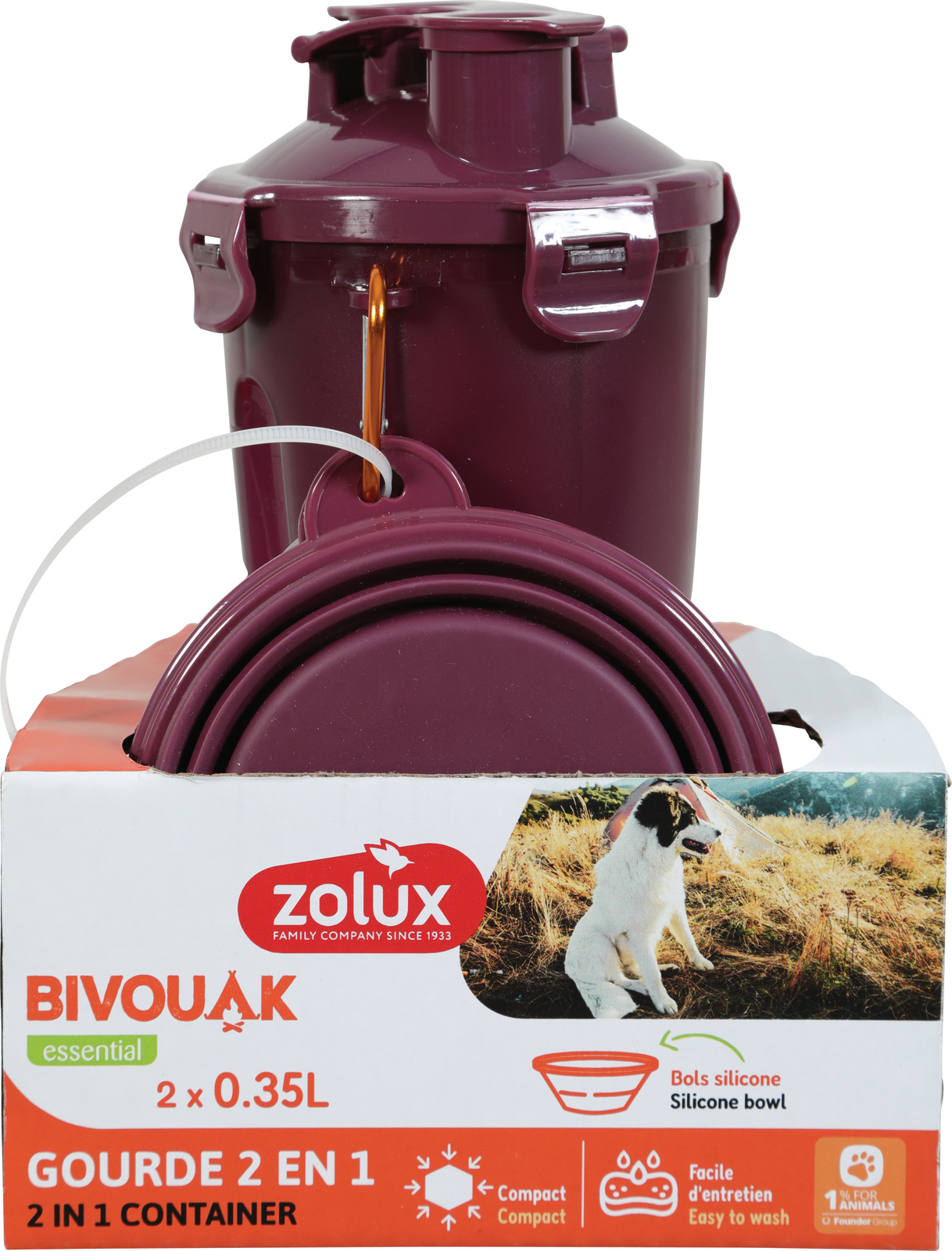 Fľaša 2v1+ 2 misky BIVOUAK 2x350ml červená Zolux